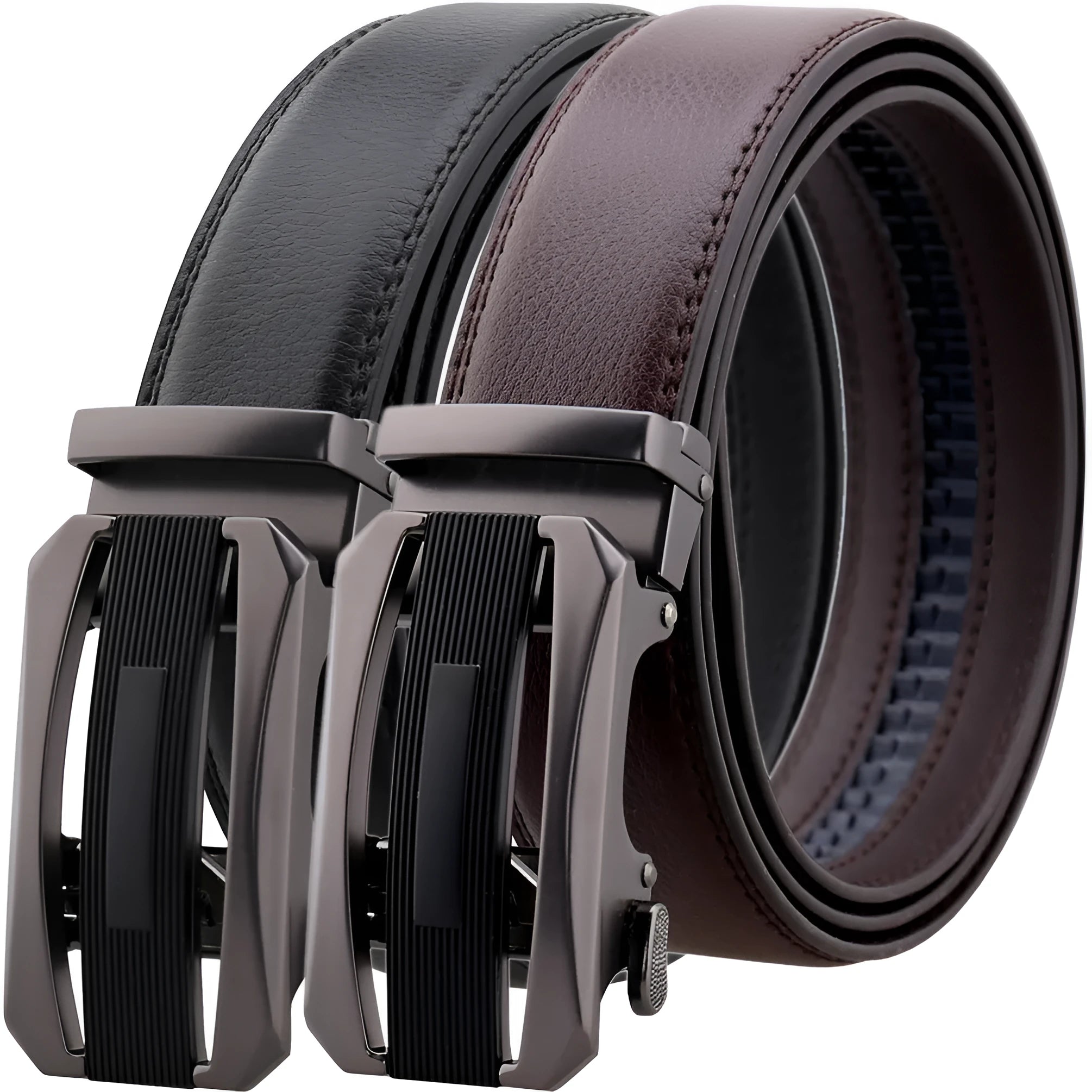 Men's automatic buckle belt in matte gun alloy finish with cowhide leather strap, black ribbon piece, 110-130cm