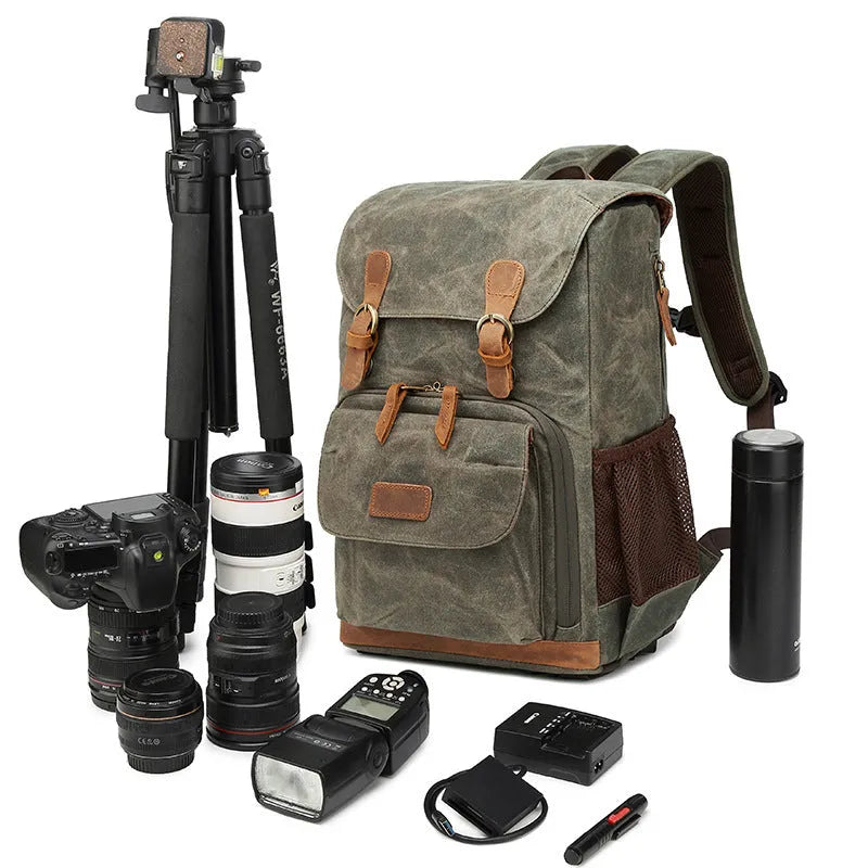 Canvas DSLR camera backpack in khaki colour with waterproof construction and backpack straps