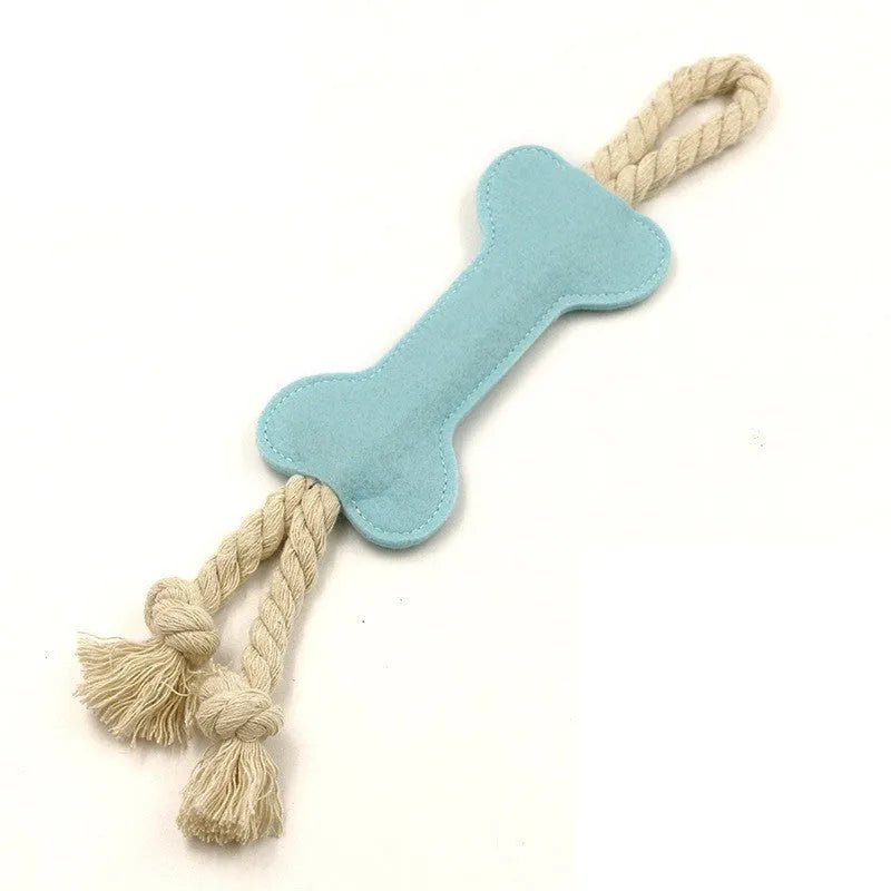 Bone shaped dog toy with rope knot design in choice of four colours for bite resistant training