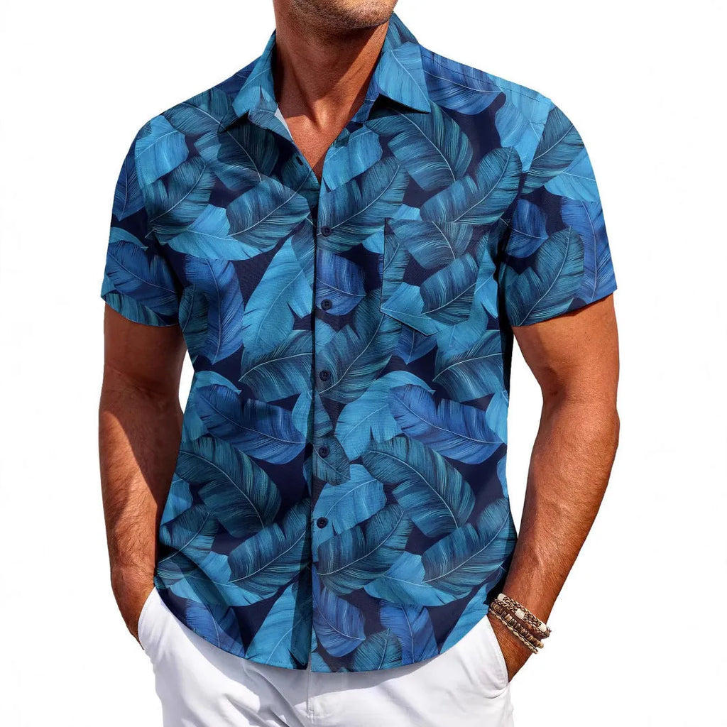 Men's slim fit Hawaiian short sleeve shirt in elastic polyester fabric.