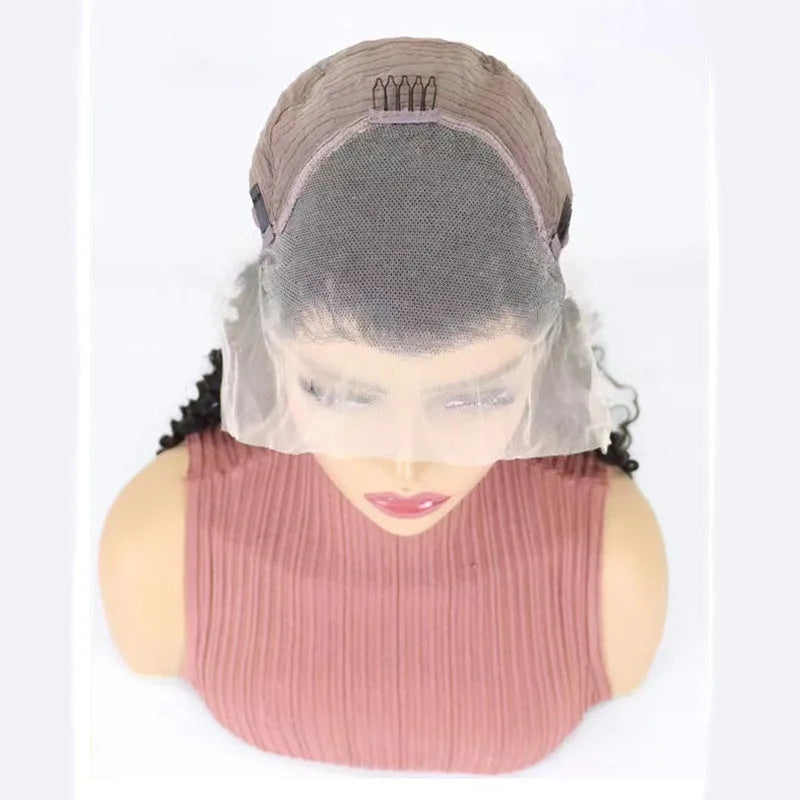 Solid colour half lace front human hair wig on a stand, showing a natural hairline.