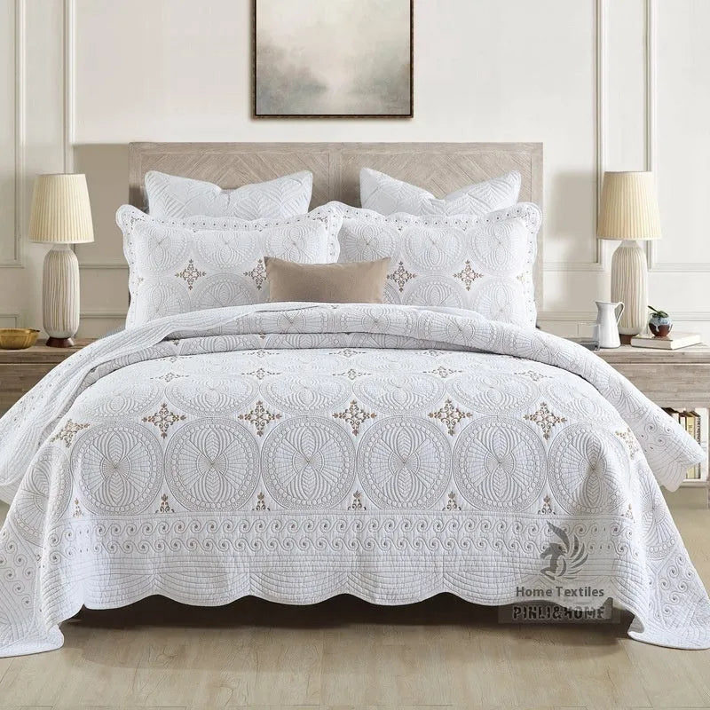 European-style pure cotton bedspread set with embroidery on bed