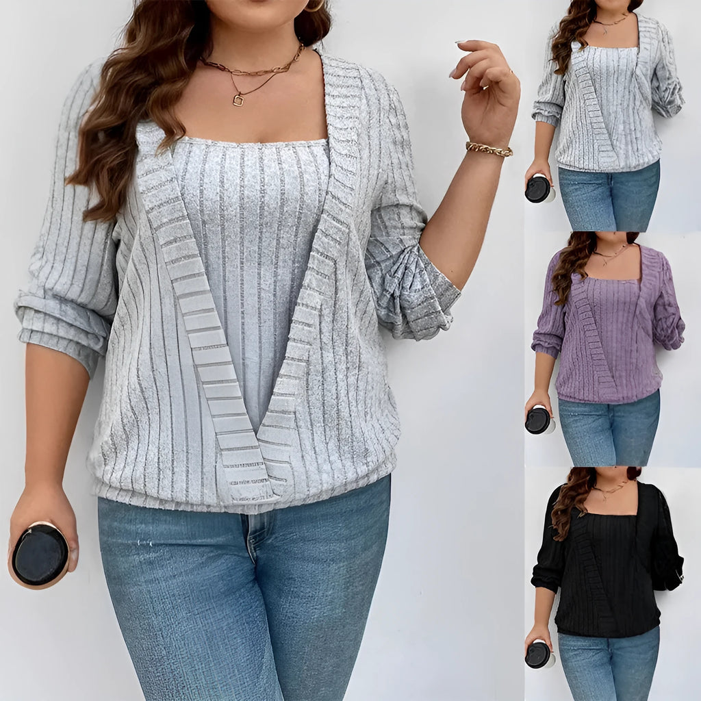 Women's solid colour ribbed false two-piece suit with V-neck and long sleeves