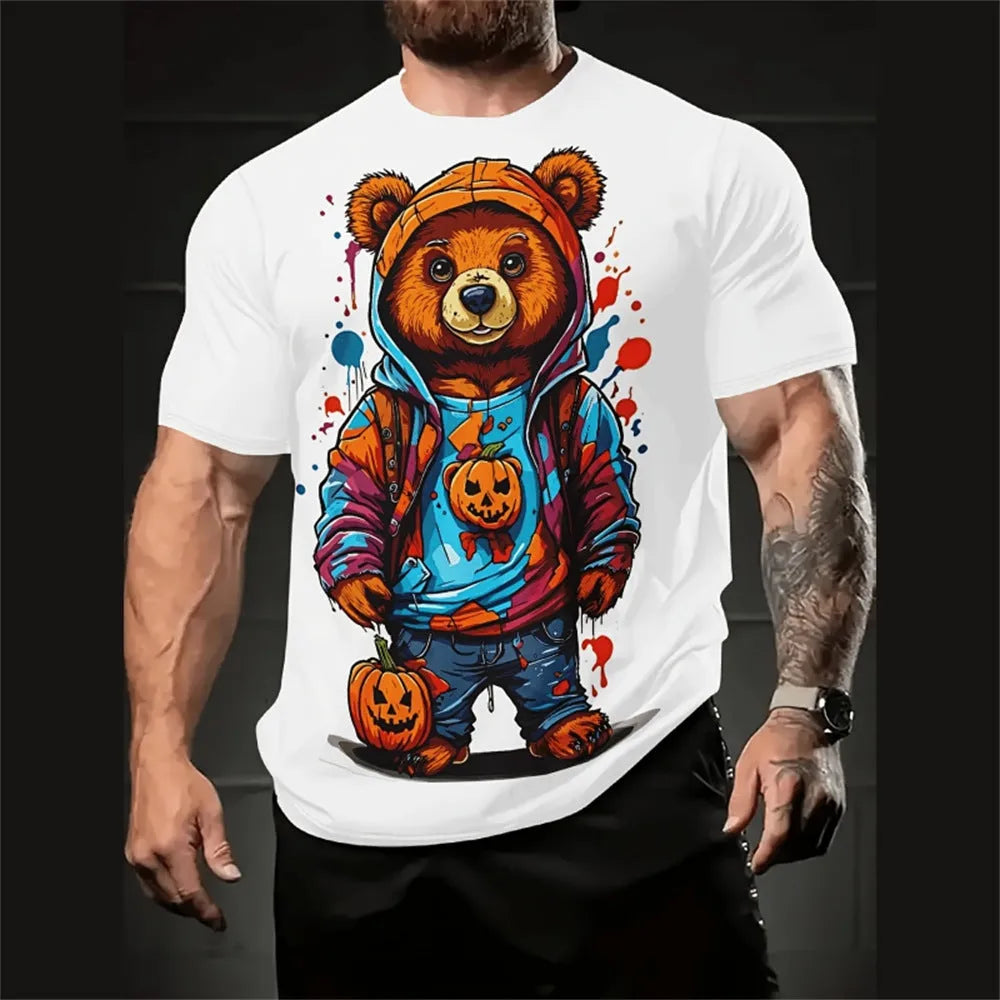 Men's loose fit cartoon 3D printed short sleeve T-shirt in milk silk linen blend fabric