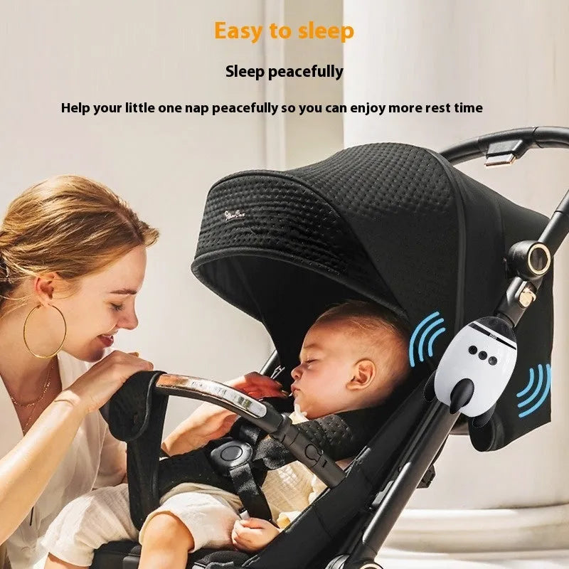 White baby stroller shaking device with Bluetooth connectivity measuring 12x9.3x8cm