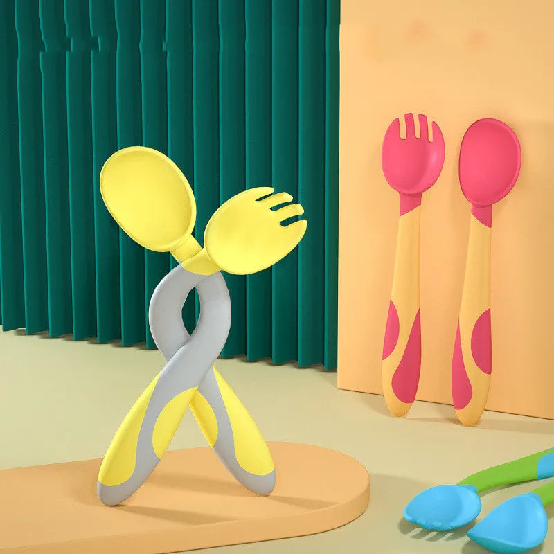 Baby training fork and spoon set with twist design in Blue, made from BPA-free food grade PP and TPE, featuring spoon baffle