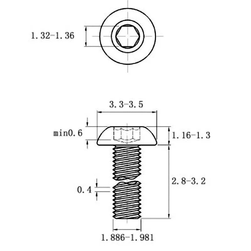 Stainless steel half round head hexagon screw with whitewash finish, shown next to a hex key.