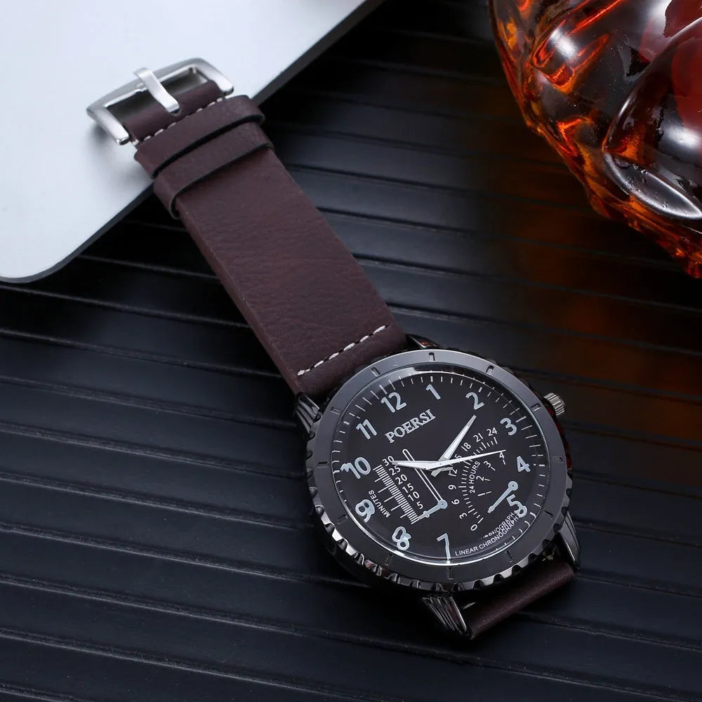 Brown watch suit set for men with watch, belt, glasses, and wallet on display