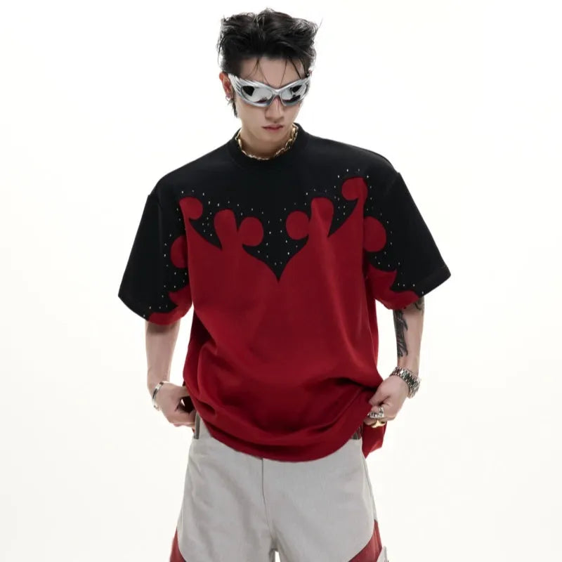 Men's heavy cotton T-shirt with 3D burnt flower rhinestone embroidery on red fabric