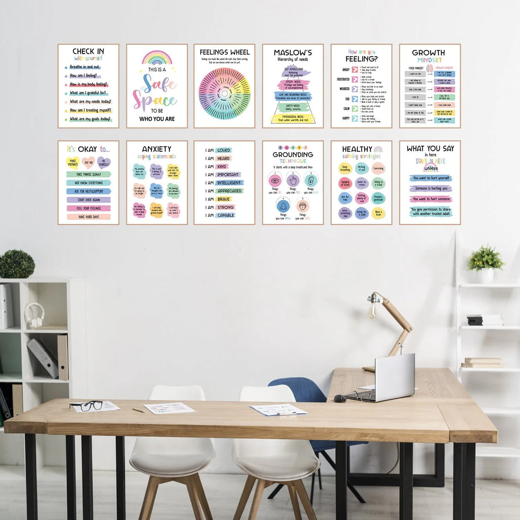 Set of 12 mental health posters on coated paper with bright film finish, 255x355mm, including glue dots
