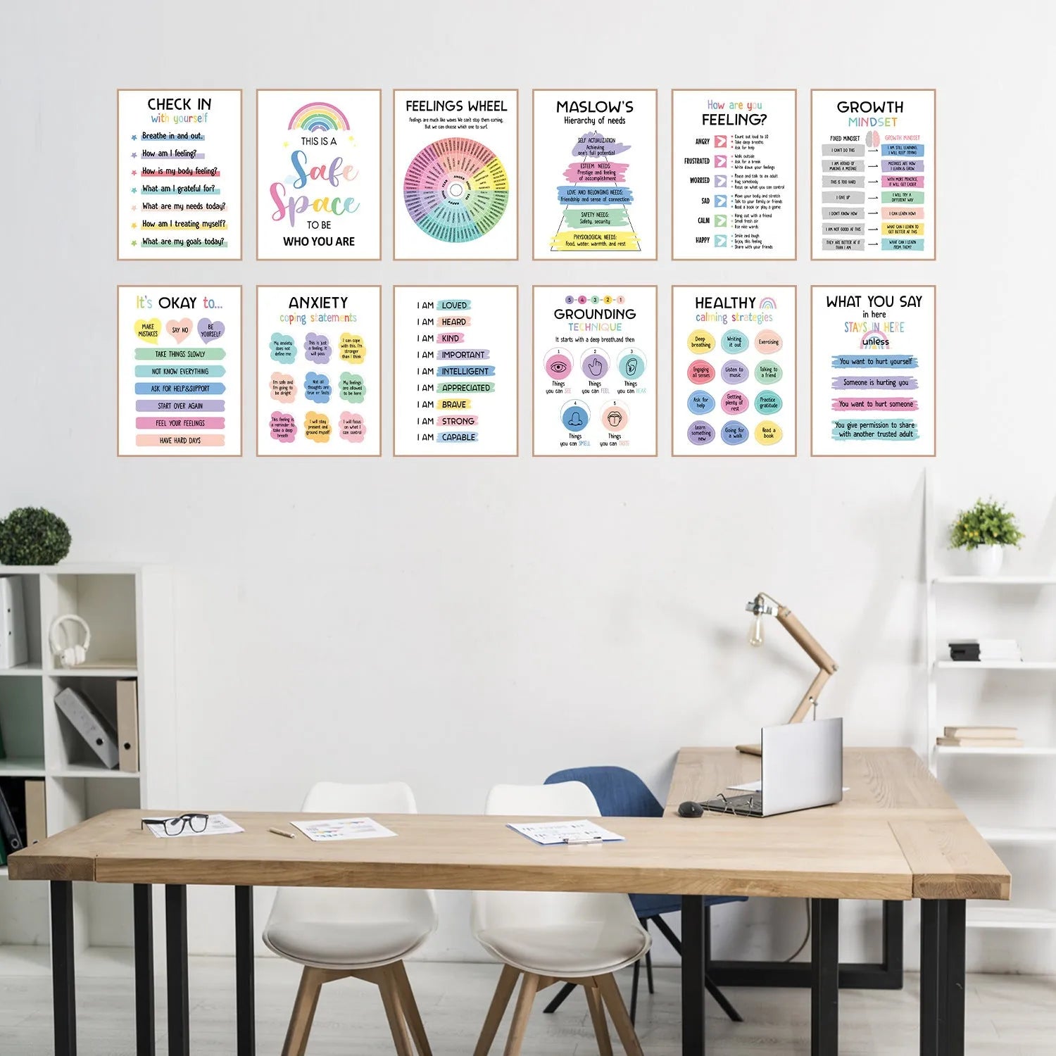 Set of 12 mental health posters on coated paper with bright film finish, 255x355mm, including glue dots