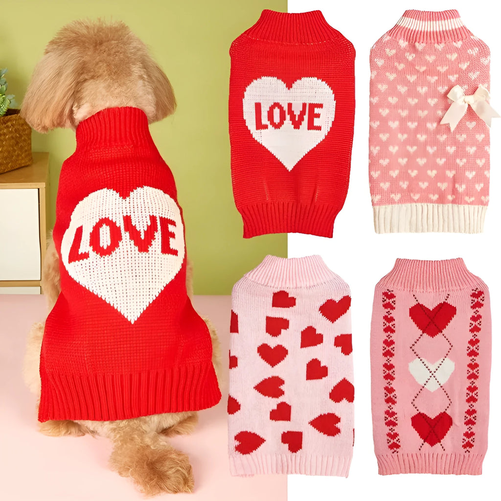 Dog wearing red love heart patterned sweater in acrylic knit fabric