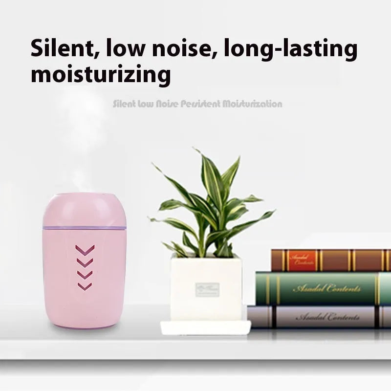 Compact round white portable air purifier with USB cable on a car dashboard and office desk.