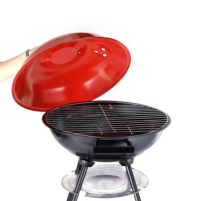 Portable iron barbecue grill with 14-inch cooking surface for outdoor use