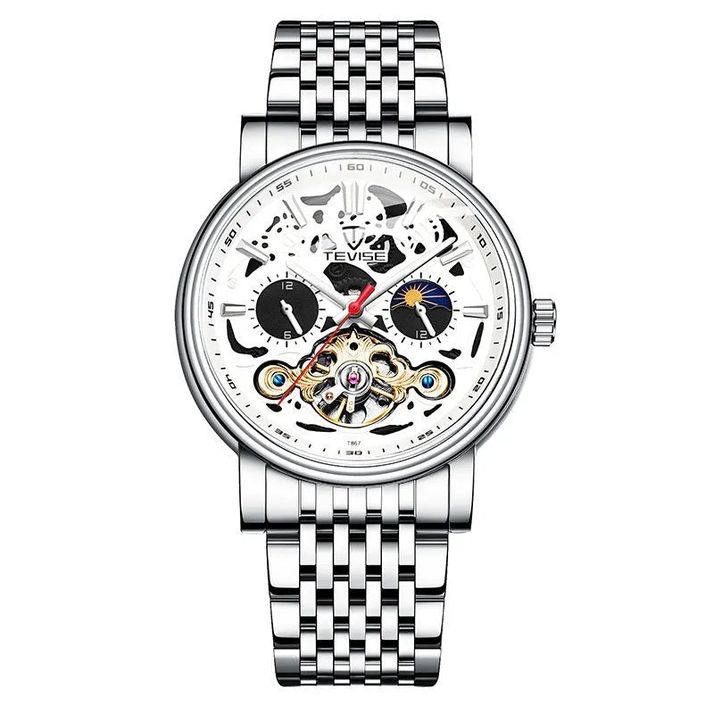 Men's black dial mechanical tourbillon watch with luminous hands on a stainless steel bracelet.