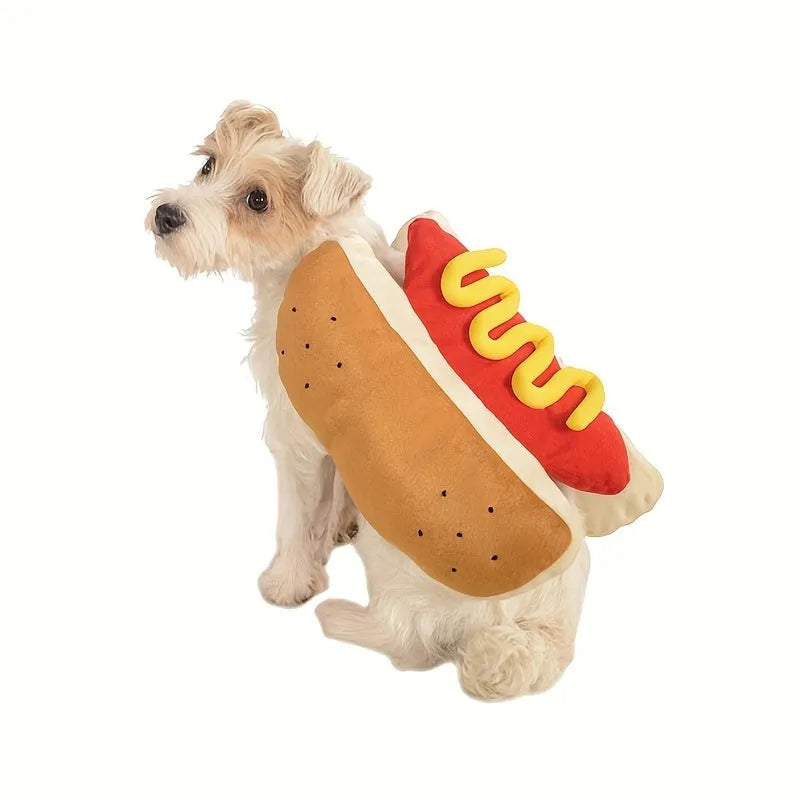 Brown and beige stuffed hot dog costume on a small dog, showing S M L sizes for pet parties.