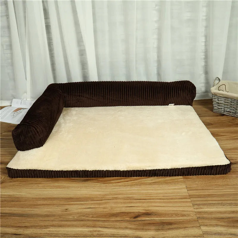Corduroy pet sofa dog bed with raised edges in coffee colour showing reversible bilateral design