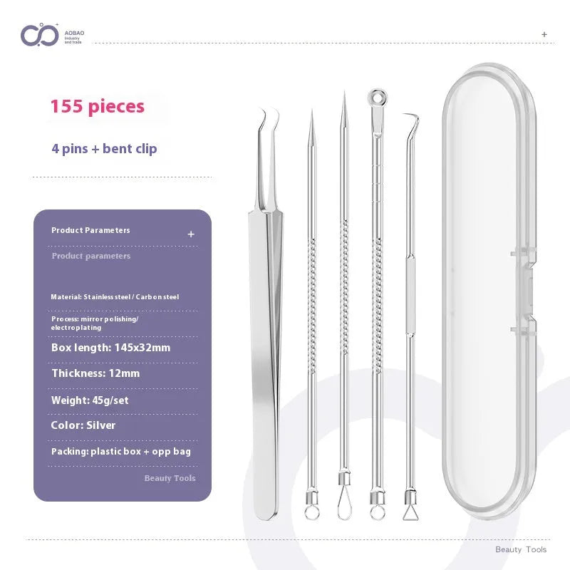 Four-piece silver metal acne needle set with fine-pointed needles and a clip for skin blemish removal.