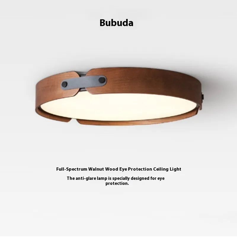 Japanese walnut bedroom ceiling lamp with PMMA lampshade and wooden shade in warm light colour