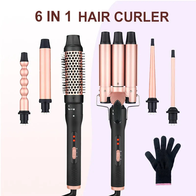 Three-tube water wave hair curler with three heated barrels for curly and straight hairstyling