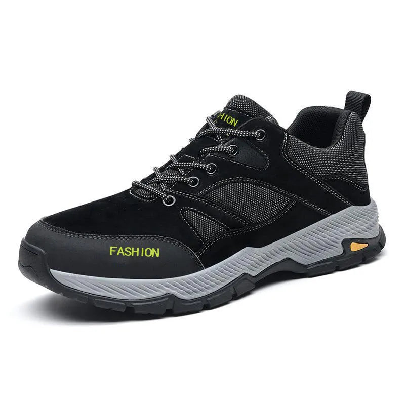 Men's black lace-up sneakers with flyknit upper, round toe, and flat sole