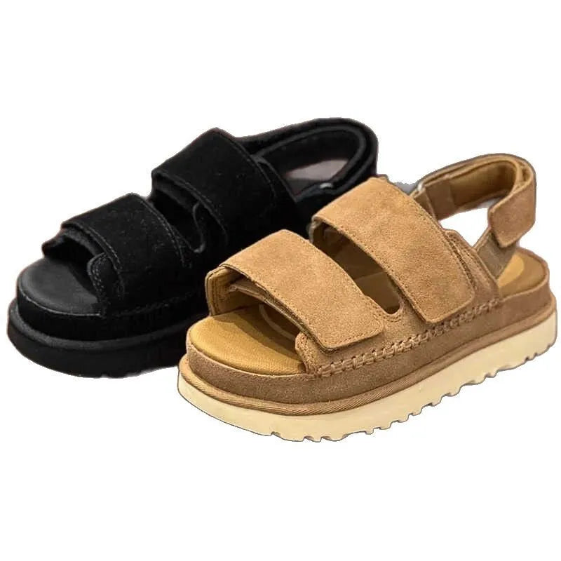 Maroon plus size women's suede platform sandals with Velcro strap and peep toe