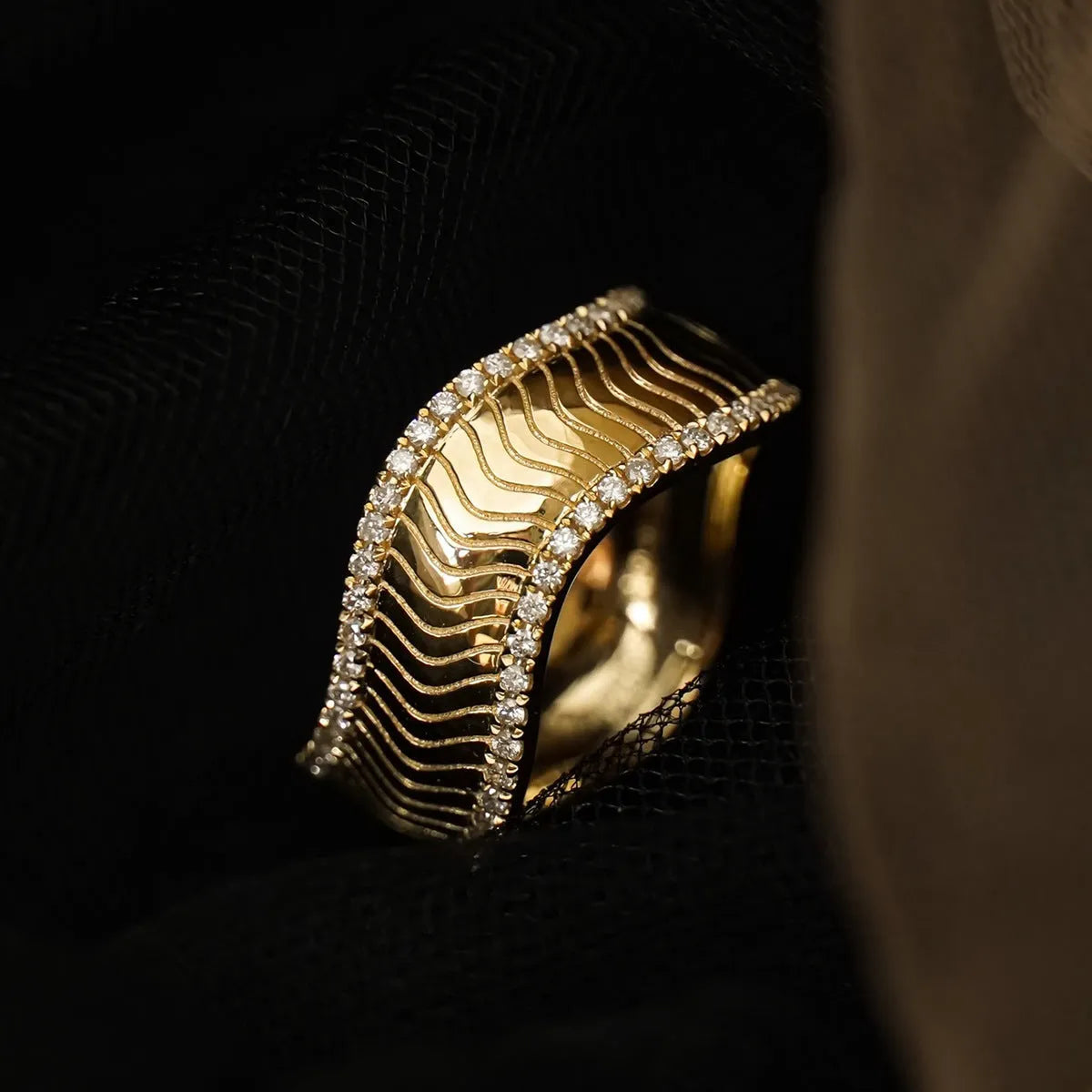 S925 sterling silver geometric yellow gold ring for women, micro inlay finish, on white background