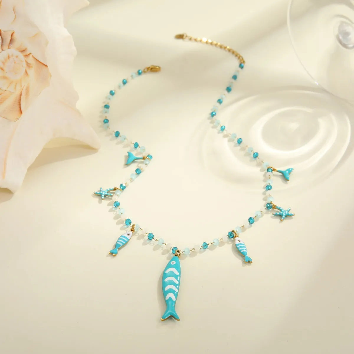 18K gold plated stainless steel necklace with oil dripping fish pendant and coloured beads on adjustable chain