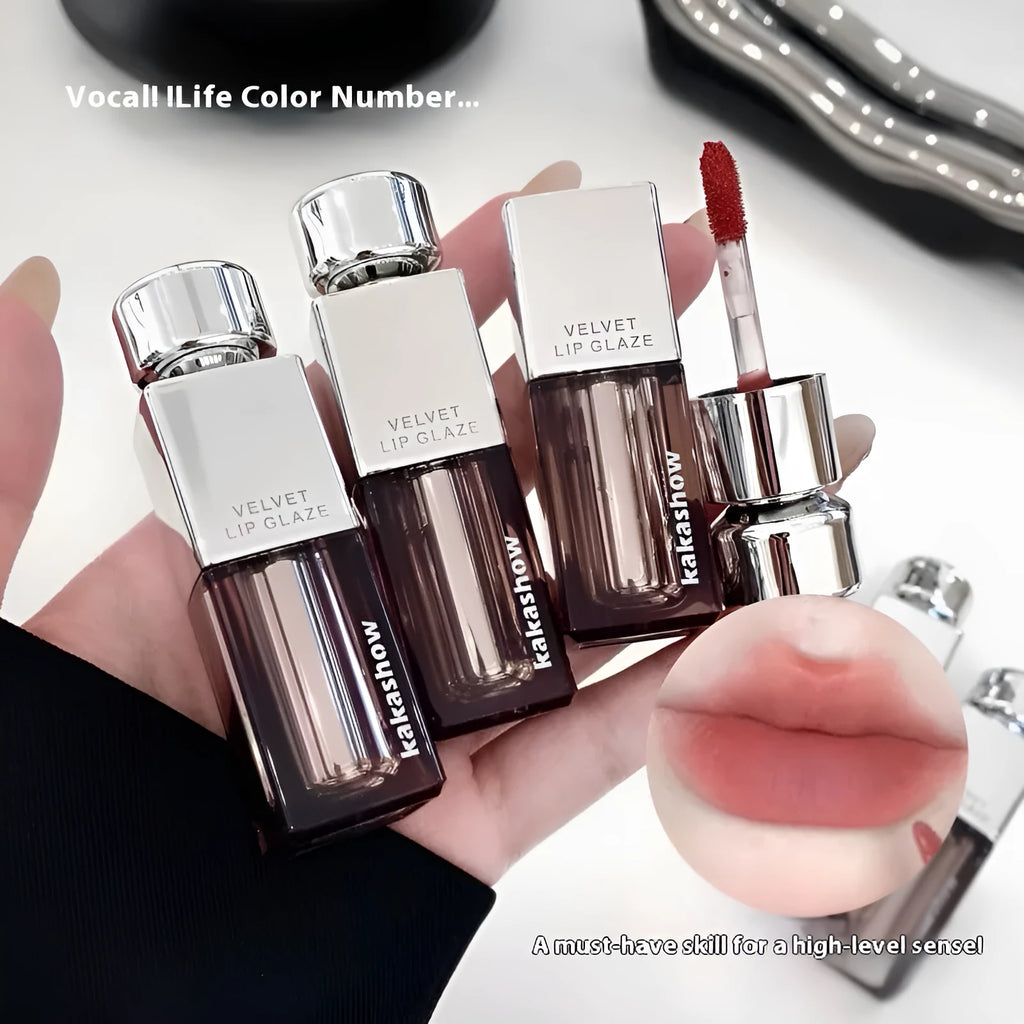 Kakashow Velvet Lip Paint matte lipstick tube in six colour options showing shades 01 to 06.