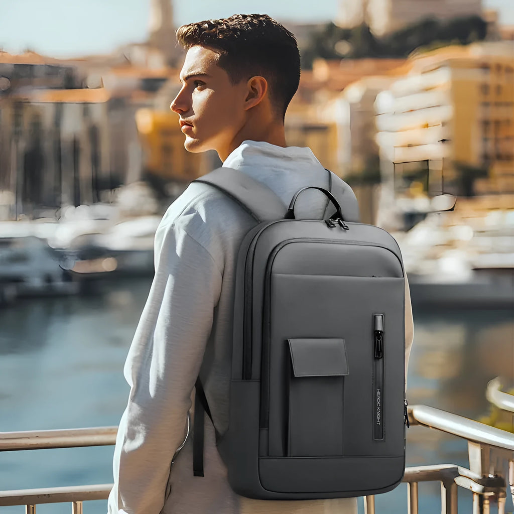 Men's Oxford cloth backpack with sewing line detail in dark grey colour