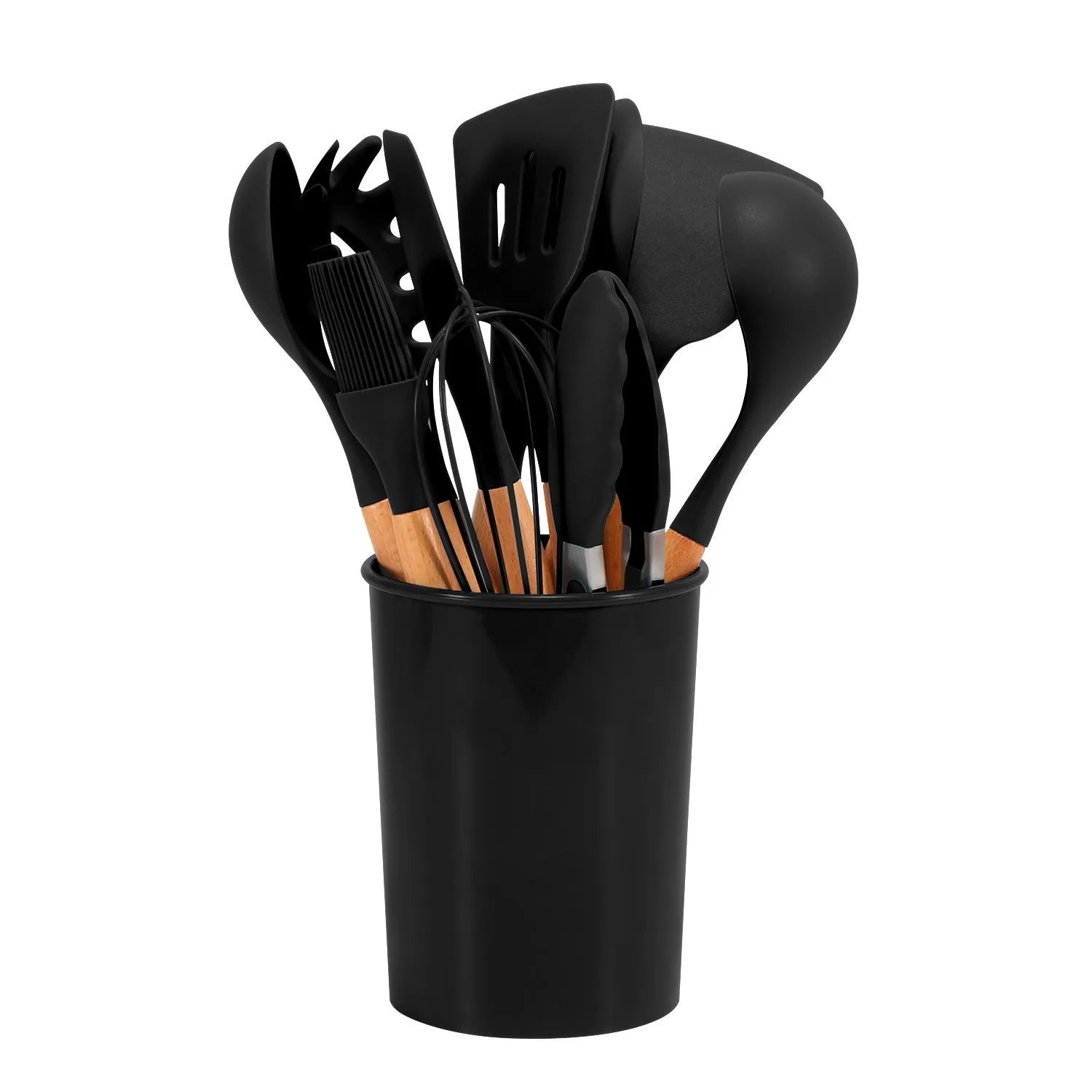12-piece silicone kitchenware set with wooden handles in modern simplicity design, colour box packaging