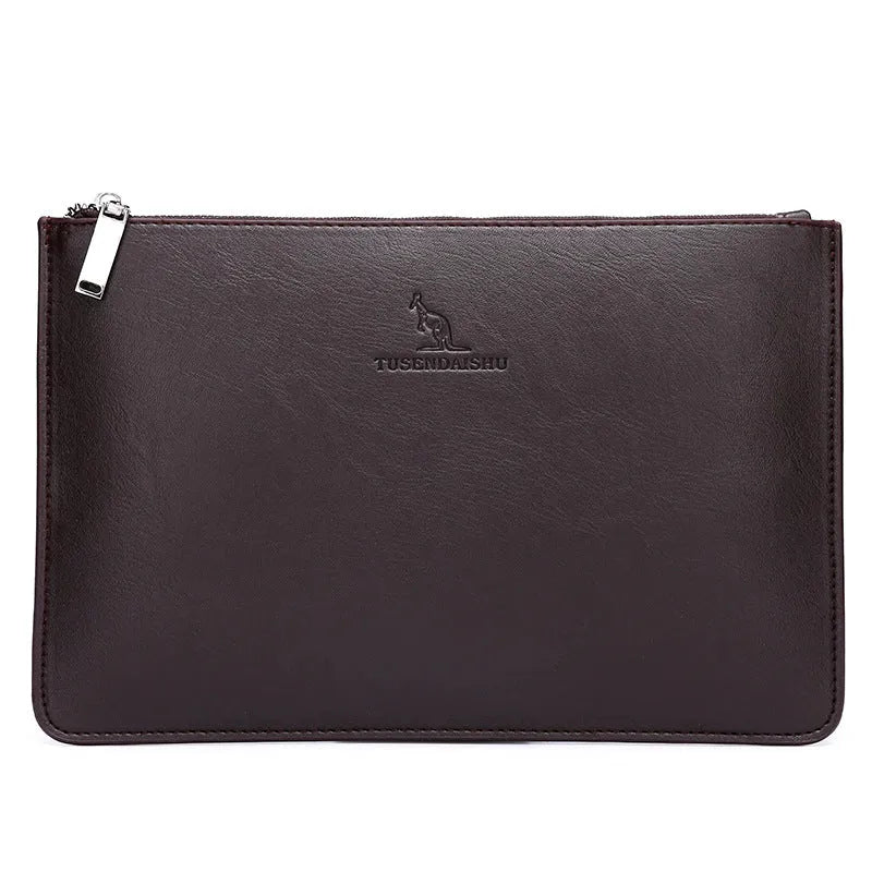 Men's soft PU leather clutch wallet open showing six card slots, bill slots, and a zipper pocket