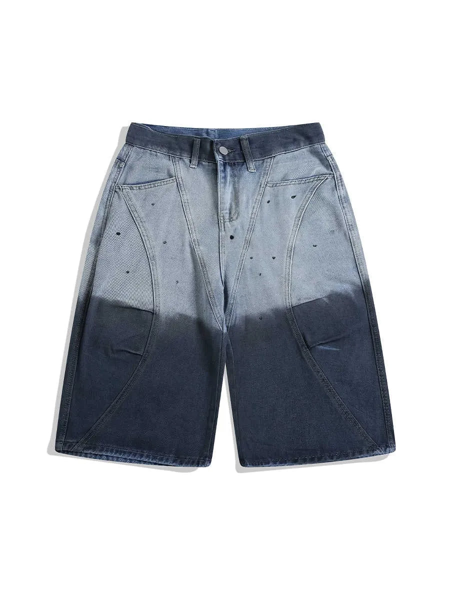 Blue tie-dye gradient cropped jeans with a loose, casual fit and washed-out finish.