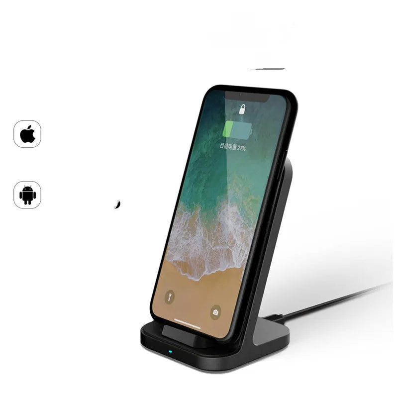 Dark grey vertical wireless charging stand for Apple iPhones on desktop