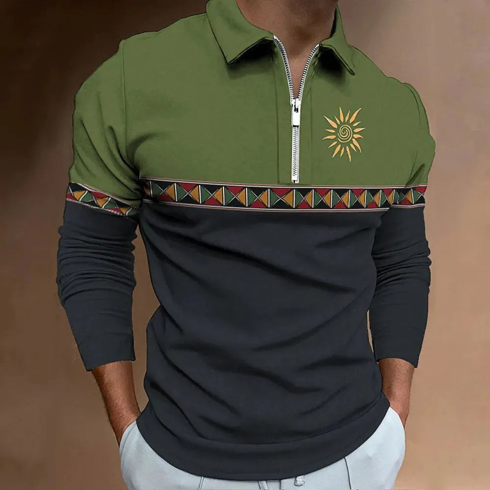 Men's loose fit long sleeve t-shirt with retro striped printing and zipper details
