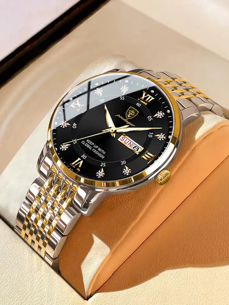 Luminous men's watch Korean fashion with round dial, stainless steel strap, and silver case white dial.