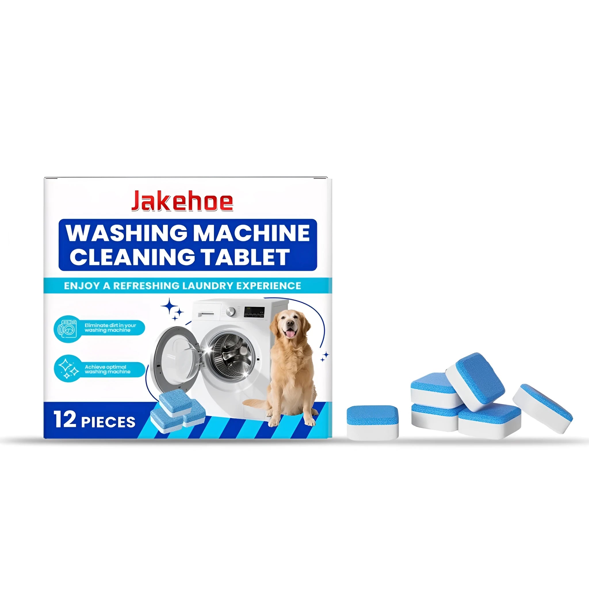 Pack of 12 washing machine cleaning tablets for automatic washing machines.