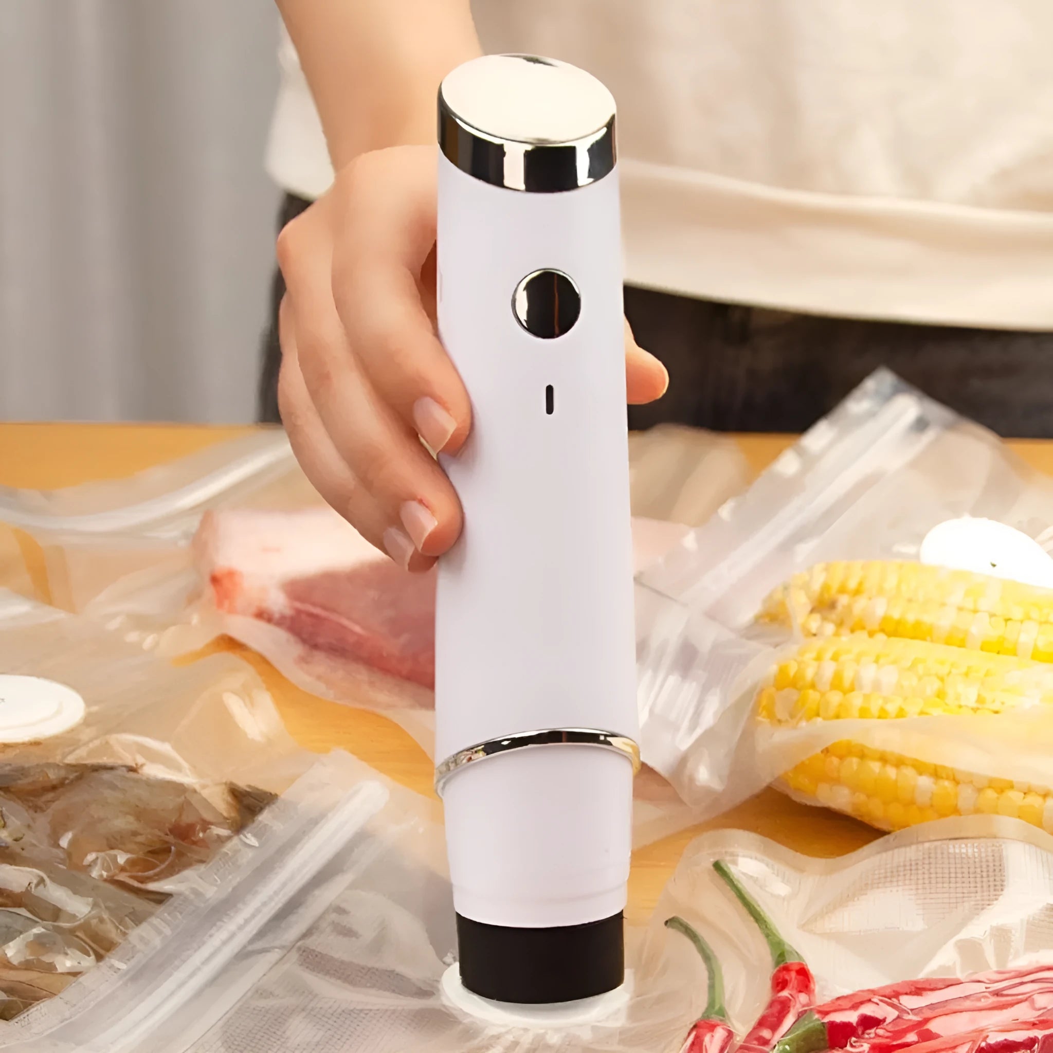 White USB electric suction pump with food-grade vacuum storage bags for kitchen food preservation