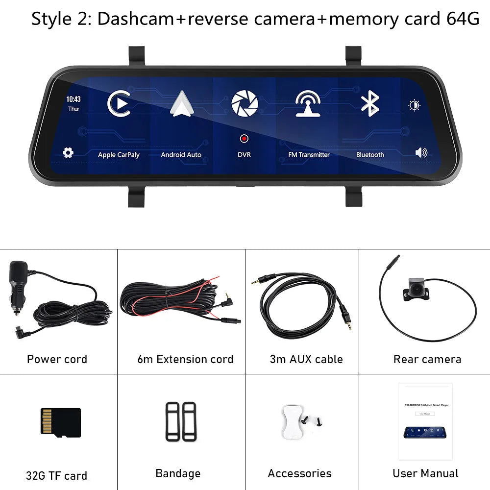 9.66-inch HD wired driving recorder mounted on car dashboard showing front view with night vision