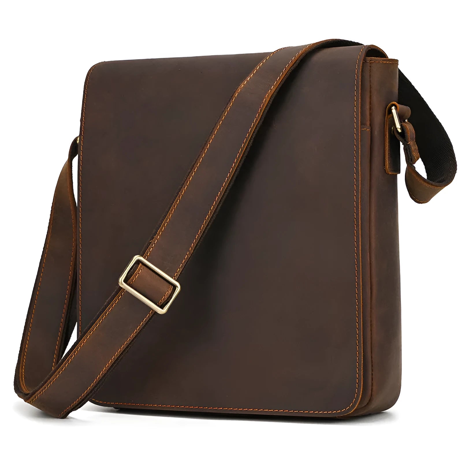 Men's dark brown Crazy Horse leather crossbody bag with visible stitching, shown holding A4 documents.