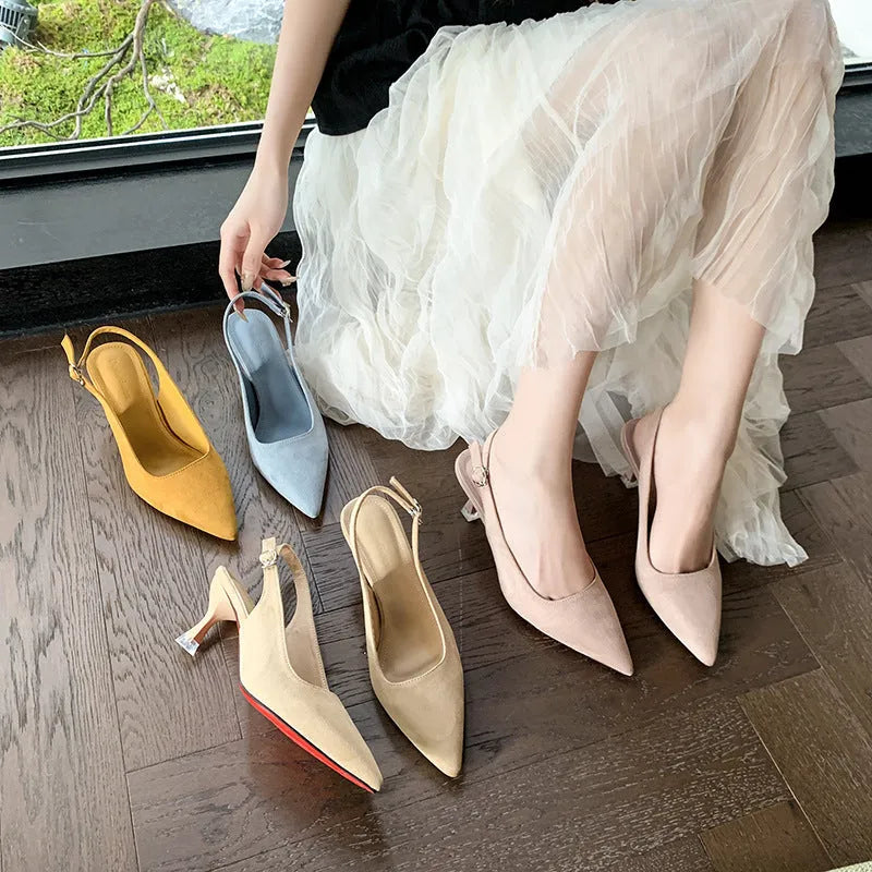 Suede pointed toe stiletto high heels in pink, blue, yellow, and apricot colours