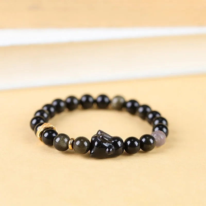 Handmade national style obsidian bracelet with lying rabbit charm in mixed metals and grey agate