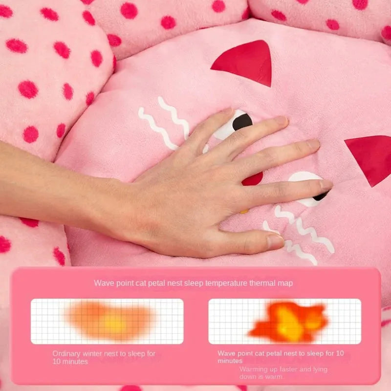 Pink dot circular cat bed showing two size options for pets up to 8 and 20 pounds