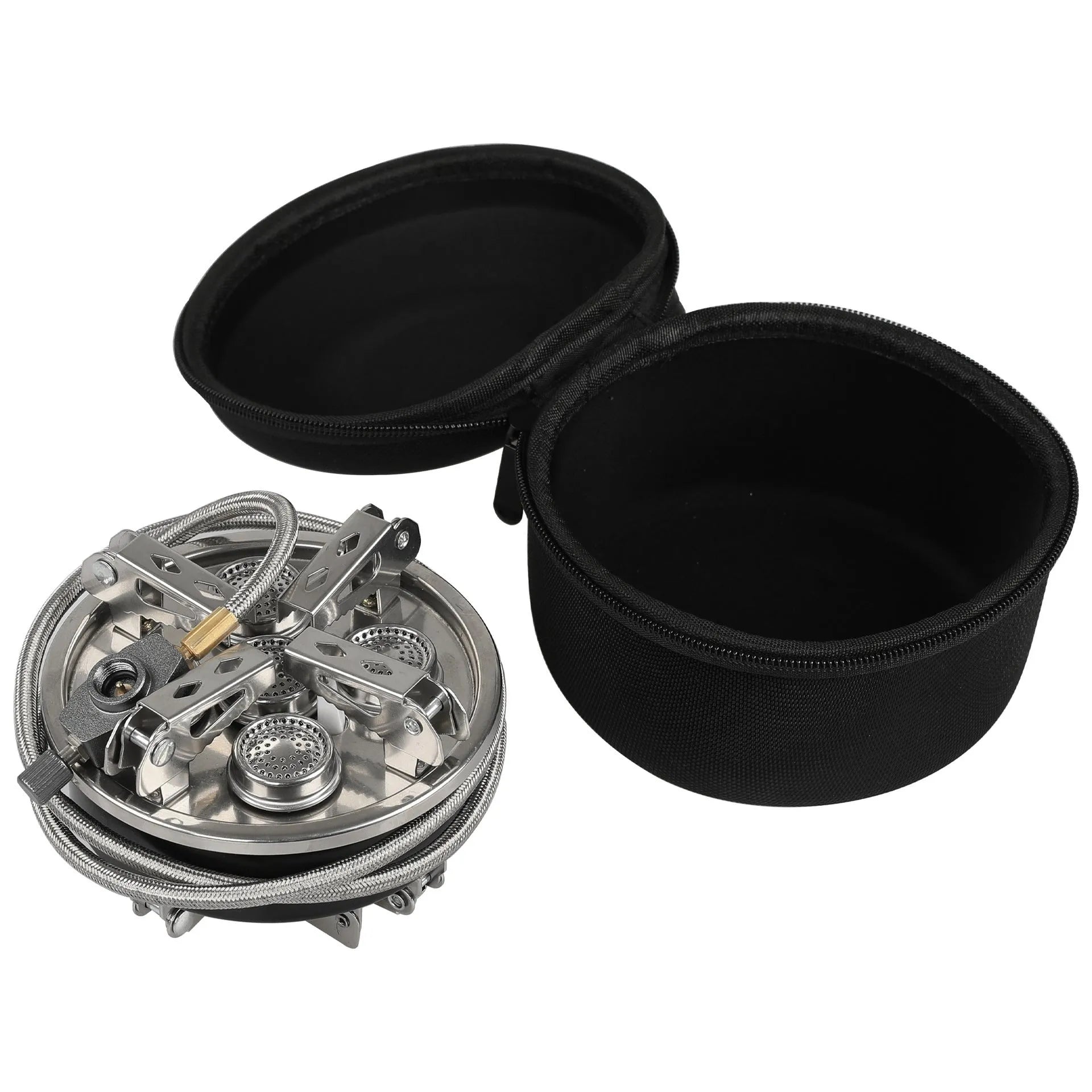 Silver portable split camping stove with stainless steel and copper construction, shown with 100cm hose.