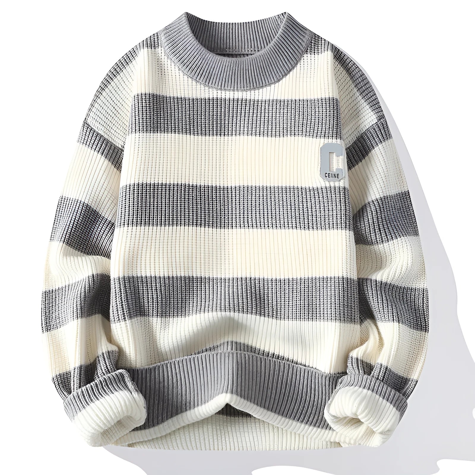 Men's autumn letter stripes mock neck sweater in gray, loose fit nylon knit pullover with long sleeves, casual style