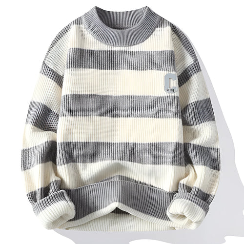Men's autumn letter stripes mock neck sweater in gray, loose fit nylon knit pullover with long sleeves, casual style