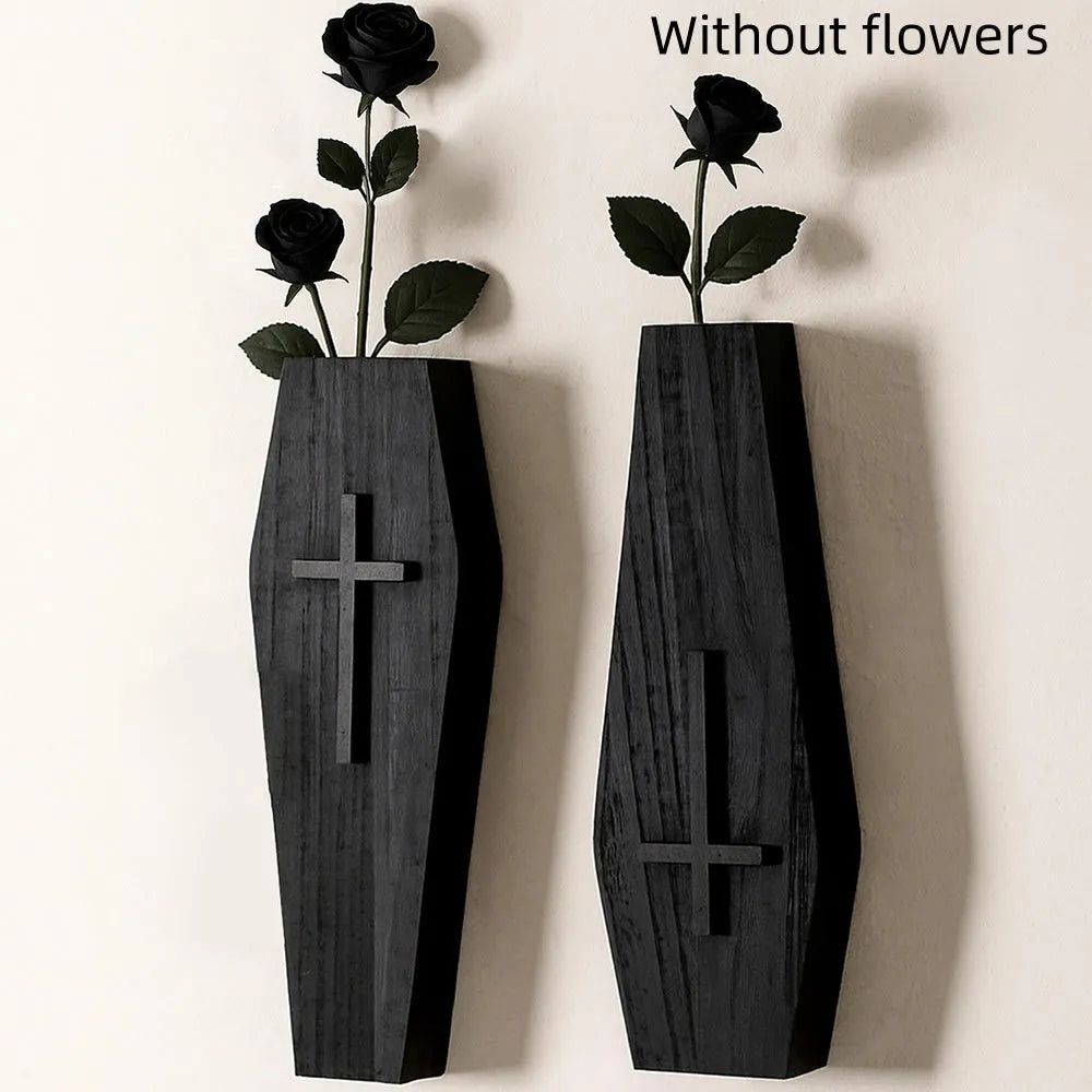 Wooden cross wall shelf decoration in black with integrated vase shelf measuring 27cm by 9cm
