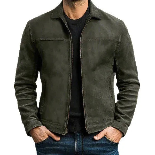 Men's casual lapel leather jacket made from polyester fibre, side seam pockets, straight hem, in black colour