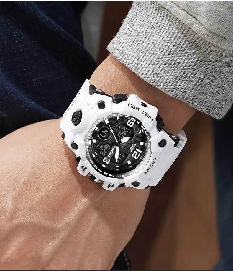 Electronic dual-display sports watch with plastic case and 50m waterproof rating