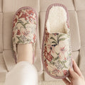Winter cotton slippers with linen surface, PVC sole, available in floral colours and precise centimetre sizes
